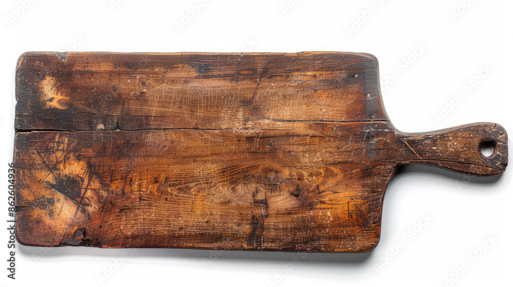 Wall mural Rustic wooden cutting board with a handle. It's old, thick, and has cracks and scratches that make it look worn and used. - Wall murals