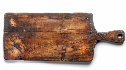 Fototapeta premium Rustic wooden cutting board with a handle. It's old, thick, and has cracks and scratches that make it look worn and used.