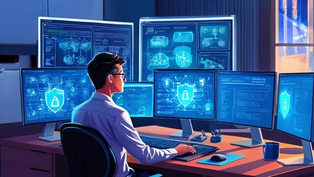 A person is sitting in front of a desk with multiple computer monitors. The person is wearing a suit and glasses and is typing on a keyboard. The monitors show various graphs and charts. - Powered by Adobe