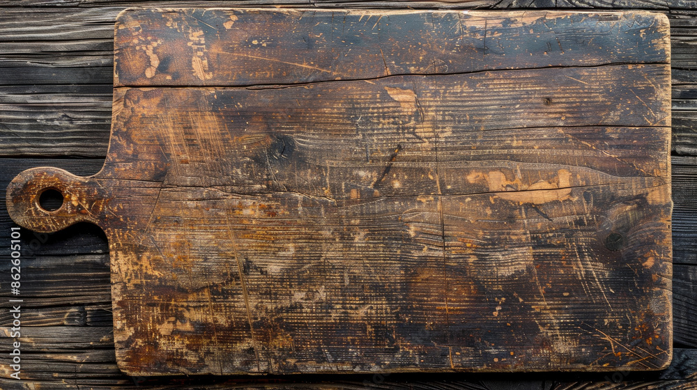 Wall mural Rustic wooden cutting board with a handle. It's old, thick, and has cracks and scratches that make it look worn and used.