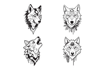 Black and white wolf vector illustration logo set