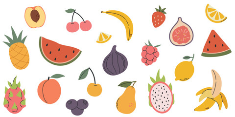 Set of different fruits and berries, collection of organic vitamins and healthy nutrition, watermelon, banana, peach