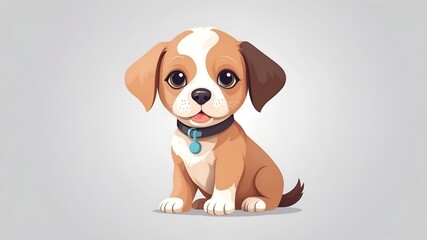 Vector image of a brown and white puppy with a blue collar, sitting on a white background.