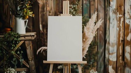 blank white welcome sign on an easel for a modern boho wedding - mockup template