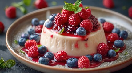 Delicious panna cotta topped with fresh blueberries and raspberries and drizzled with berry sauce.