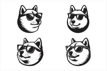 Set of Doge head wearing a sunglass silhouettes vector design