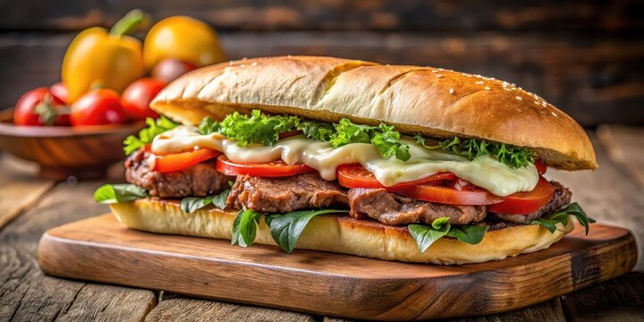 Delicious Uruguayan Chivito sandwich with juicy steak and melted mozzarella , Uruguayan, Chivito, sandwich