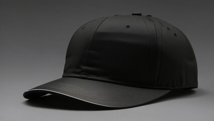 a black baseball cap with a curved brim.