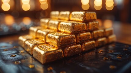Gold Bars Pyramid on Black Surface