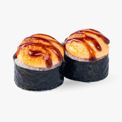 Baked sushi roll with cheese cap isolated on white background. square photo