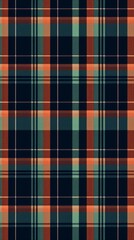 A close-up view of a plaid fabric wallpaper featuring a checkered pattern in forest green, indigo blue, and terracotta colors, background