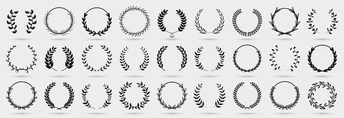 Floral wreath collection. Set of black laurel wreath element for winner, award, champion. Tree branch wreath