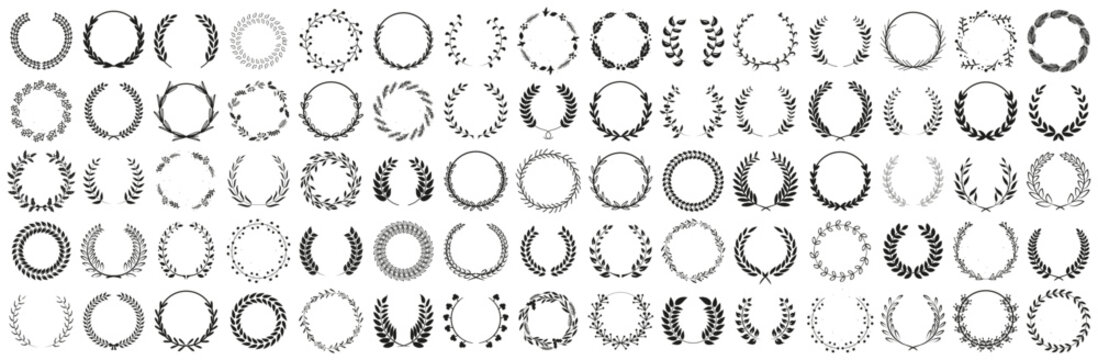 Floral wreath collection. Set of black laurel wreath element for winner, award, champion. Tree branch wreath