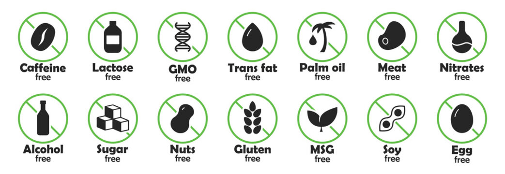 Natural product label collection. Allergen free label collection for food and drinks. Without certain ingredients products stickers