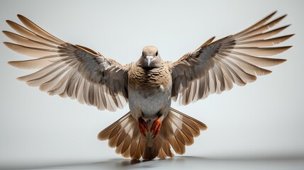 Mourning dove bird in flight with wings spread isolated on white background. Dove of peace on white background. Dove bird