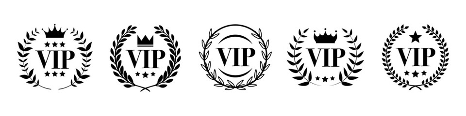 VIP label collection with laurel wreath, crown and stars. Luxury VIP emblem icons. Set of VIP user and premium member pass