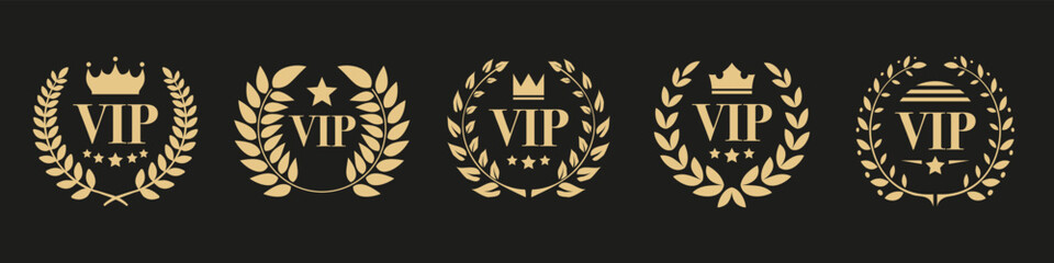 VIP label collection with laurel wreath, crown and stars. Luxury VIP emblem icons. Set of VIP user and premium member pass