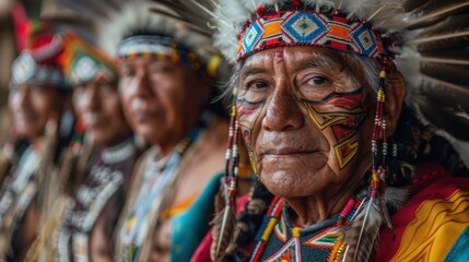 Several native americans are dressed in colorful clothing and feathers, indigenous leaders gathering