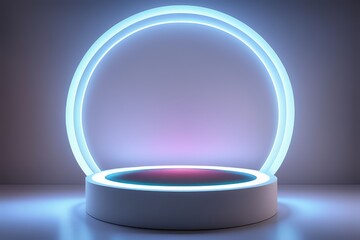 A Large Circular Podium Illuminated By Neon Light, Perfect For Product Presentations. The Setting Is Bathed In Soft, Ambient Lighting, Giving It A Modern And Futuristic Feel.
