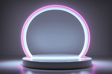 A Large Circular Podium Illuminated By Neon Light, Perfect For Product Presentations. The Setting Is Bathed In Soft, Ambient Lighting, Giving It A Modern And Futuristic Feel.
