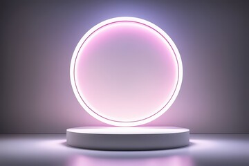 A Large Circular Podium Illuminated By Neon Light, Perfect For Product Presentations. The Setting Is Bathed In Soft, Ambient Lighting, Giving It A Modern And Futuristic Feel.