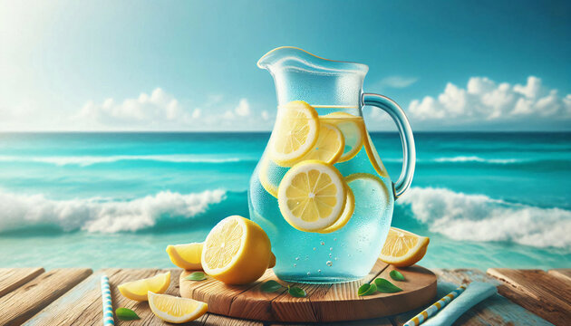 Frische Zitronen Limonade auf einem Bord mit Meereshintergrund
