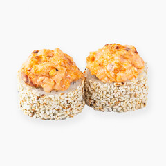 Baked rolls with salmon and sesame seeds isolated on white background