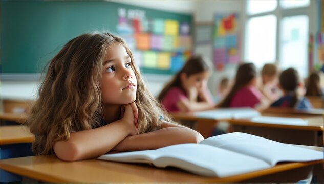 Thoughtful young girl daydreaming in classroom setting. It's time to go back to school.