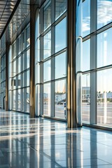 Detailed view of an airport terminal with multiple gates, showing passengers boarding planes and bustling airport activity
