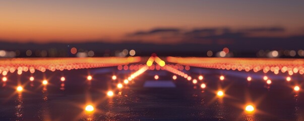 Fototapeta premium Detailed view of airport runway approach lights at dusk, showcasing precision and safety in aviation