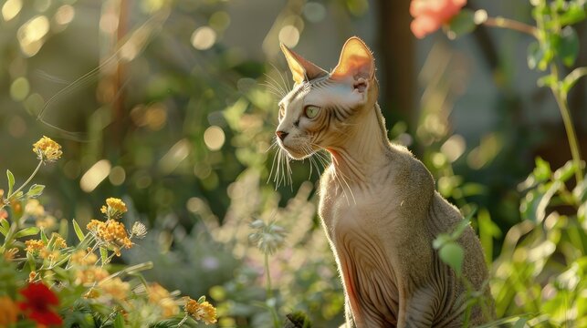 Sphynx Cat in a Garden of Yellow Flowers