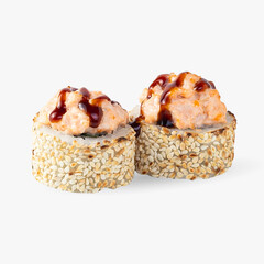 Baked rolls with sesame and eel on a white background