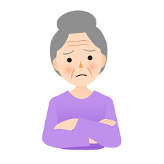 An old woman crosses her arms, thinking and worrying.