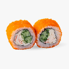 Two sushi rolls with tobiko caviar, crab meat and cucumber isolated on white background