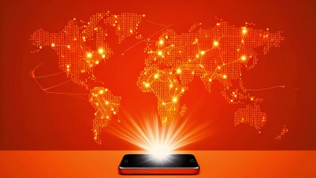 A orange background with an orange world map made of glowing dots above a black smartphone.