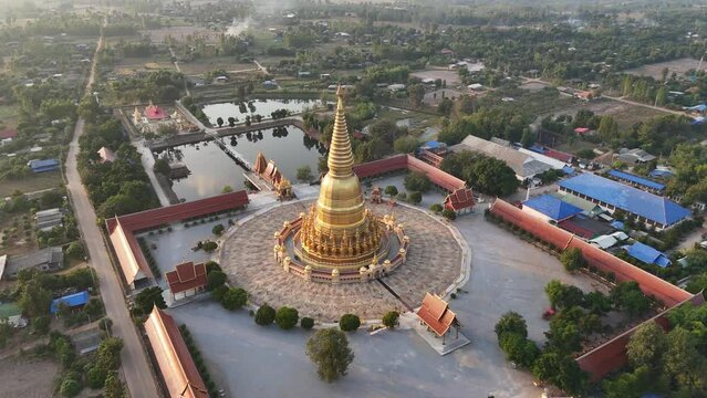 Beautiful aerial view of Phra Mahathat Chedi Sri Wiang Chai one of the biggest pagoda in Thailand, with the base of about 1,600 square metres located in Li district, Lamphun province.