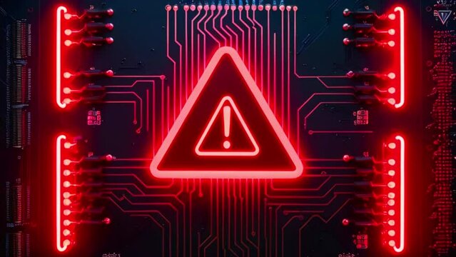 This is a video of a red warning sign in the shape of a triangle. The background is a circuit board with red glowing lines.