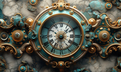 Obraz premium Blue and Gold Clock on Marble Wall