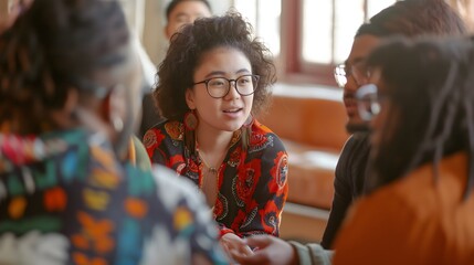 1. A diverse group of individuals from different cultural backgrounds engaged in a lively discussion, showcasing inclusivity and belonging within Beit's community.