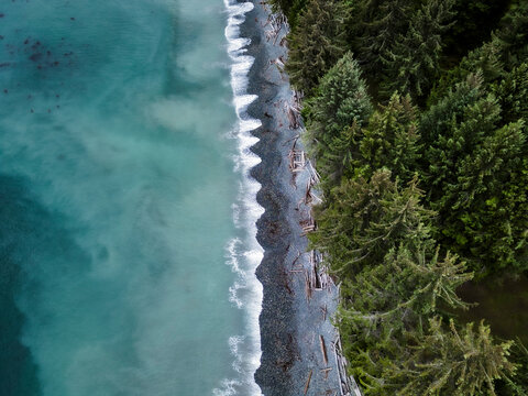 Aerial view of untouched coastal forest and rocky shore by the ocean, Sooke, British Columbia, Canada.