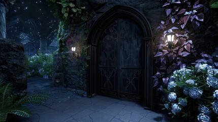 Obraz premium A dark, mysterious entrance to a cave with a large archway. The entrance is surrounded by plants and flowers, giving it a serene and peaceful atmosphere