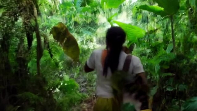 Traveling the Amazon:
In the dense Amazon rainforest, a traveler dressed in light cotton clothing walks along a narrow path cut with a machete. She has a compass and a map in her hands.