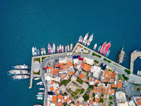 Aerial view of boats and buildings by the sea in Marmaris, Mugla, Turkey.