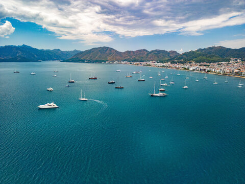 Aerial view of sailboats and boats along the coast, Marmaris, Turkey.
