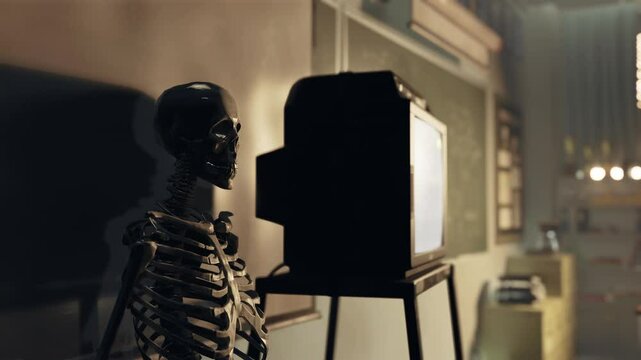 A skeleton sitting in front of a tv in a room