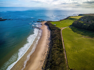 Aerial view of serene Seacliff Beach with greenery and shoreline, North Berwick, Scotland.