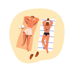 Couple on summer beach. Man and woman sunbathing, relaxing with mobile phone on vacation. People chilling, lying on towels at holiday resort. Flat vector illustration isolated on white background