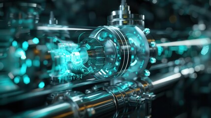 Fototapeta premium Closeup of synchrotron light apparatus with medical imaging results projected in holographic form, dark background with glowing accents, Scifi, 3D