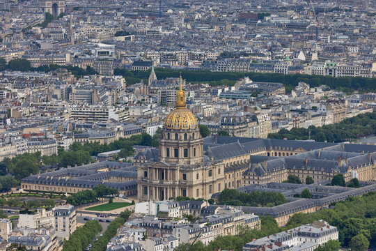 Aerial view of Paris cityscape with historic landmarks and iconic dome, Paris, France.