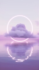 Peaceful purple cloud floating gently on calm waters, creating a serene phone wallpaper with white neon lights, light purple, and sky blue gradients